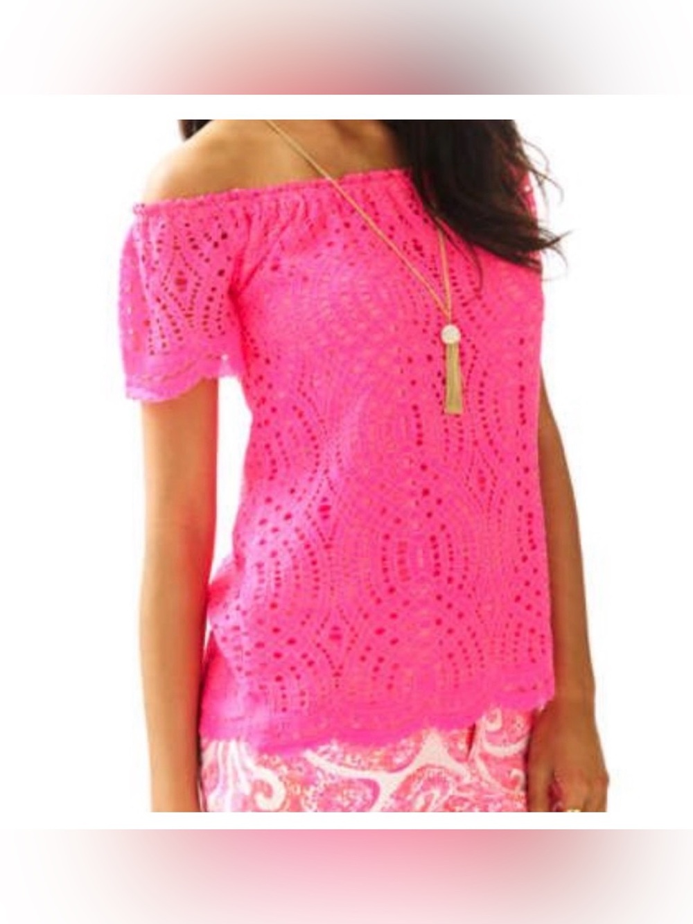 Lilly Pulitzer Neon Pink Off-Shoulder lace top. XL. Marble lace style